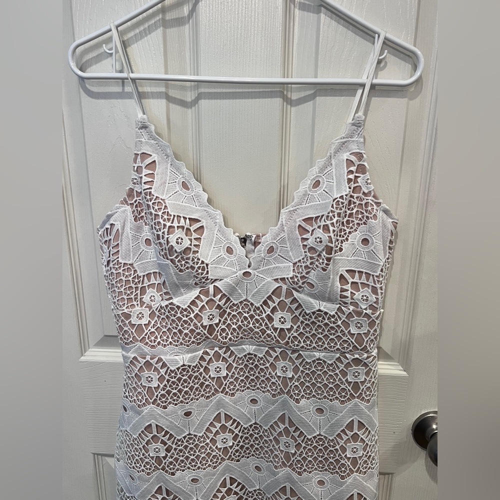 Lulus white and tan style lace overlay bodycon dress coquette fairy wedding - Picture 6 of 15